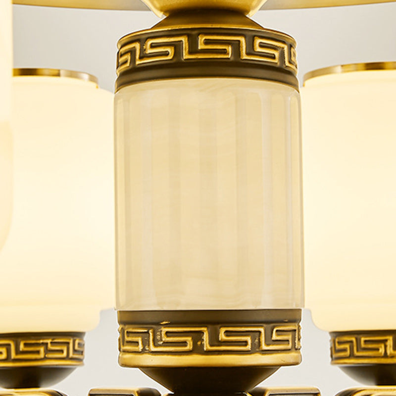Traditionelle chinesische Jade Dekor Glas Zylinder Schatten Zinklegierung 6-Licht Downrod Deckenventilator Licht für Wohnzimmer 