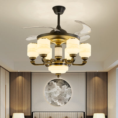 Traditionelle chinesische Jade Dekor Glas Zylinder Schatten Zinklegierung 6-Licht Downrod Deckenventilator Licht für Wohnzimmer 