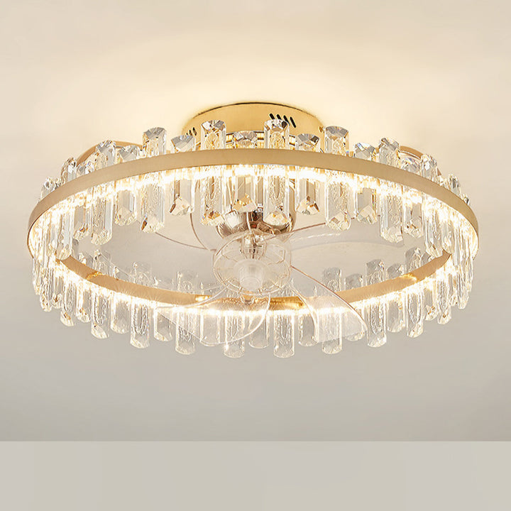Modern Luxury Round Crystal ABS Fan Blade LED Semi-Flush Mount Ceiling Fan Light Living Room