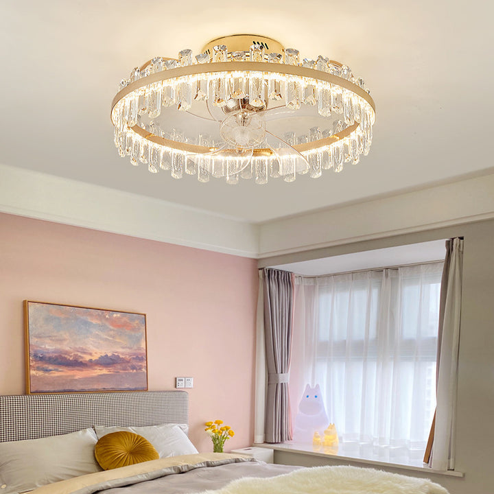Ventilador de techo moderno de lujo redondo con aspas de ventilador de cristal ABS y luz LED semiempotrada para sala de estar 