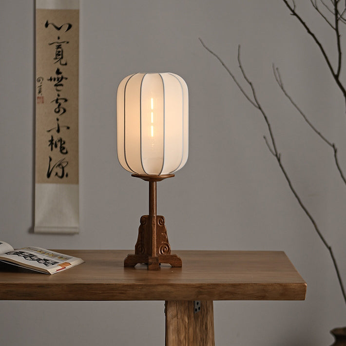Pantalla de cilindro de tela japonesa tradicional, base de madera, lámpara de mesa de 1 luz para dormitorio 
