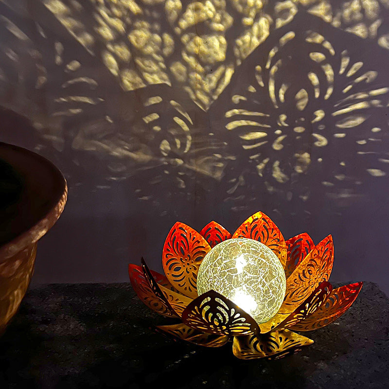 Modern Art Deco Solar Iron Simulated Lotus Crack Glass Ball Shade LED Lawn Landscape Light For Outdoor Patio