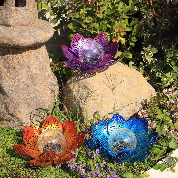 Modern Art Deco Solar Iron Simulated Lotus Crack Glass Ball Shade LED Lawn Landscape Light For Outdoor Patio