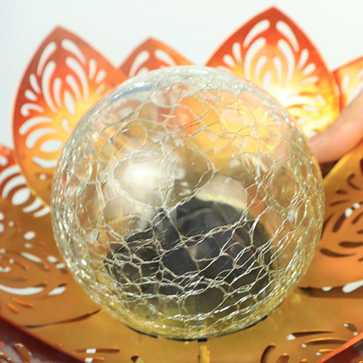 Modern Art Deco Solar Iron Simulated Lotus Crack Glass Ball Shade LED Lawn Landscape Light For Outdoor Patio