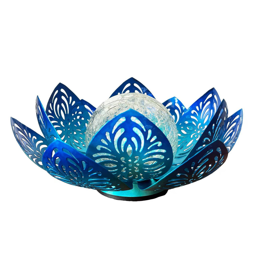 Modern Art Deco Solar Iron Simulated Lotus Crack Glass Ball Shade LED Lawn Landscape Light For Outdoor Patio