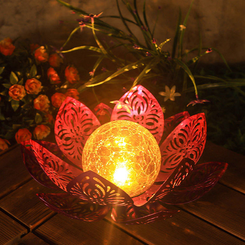Modern Art Deco Solar Iron Simulated Lotus Crack Glass Ball Shade LED Lawn Landscape Light For Outdoor Patio