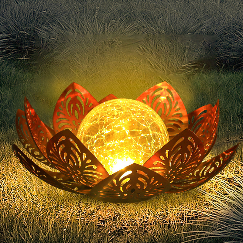 Modern Art Deco Solar Iron Simulated Lotus Crack Glass Ball Shade LED Lawn Landscape Light For Outdoor Patio