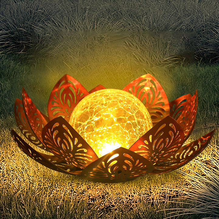 Modern Art Deco Solar Iron Simulated Lotus Crack Glass Ball Shade LED Lawn Landscape Light For Outdoor Patio