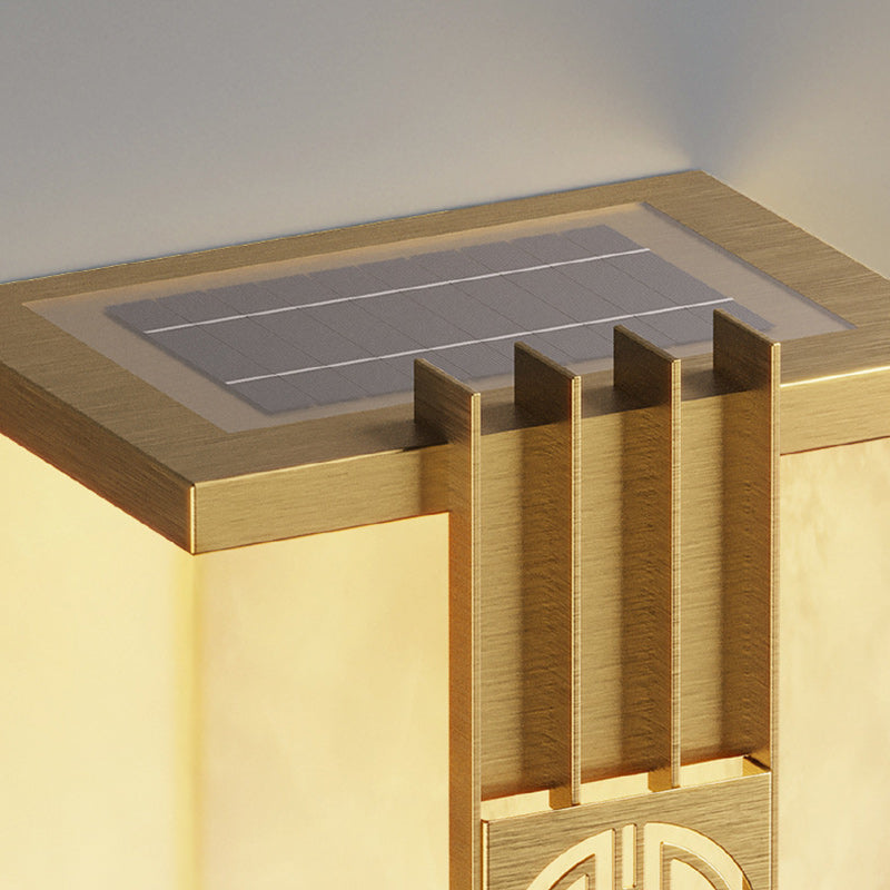 Zeitgenössische Luxus Messing Imitation Marmor Schatten Cuboid LED Solar Outdoor Wand Leuchte Lampe Für Garten 