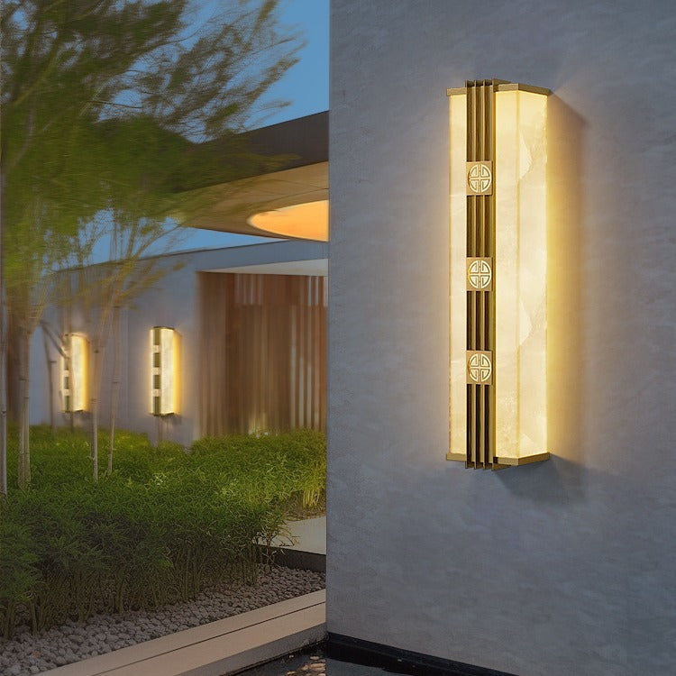 Zeitgenössische Luxus Messing Imitation Marmor Schatten Cuboid LED Solar Outdoor Wand Leuchte Lampe Für Garten 