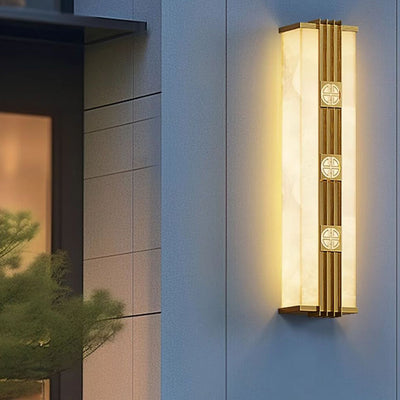 Zeitgenössische Luxus Messing Imitation Marmor Schatten Cuboid LED Solar Outdoor Wand Leuchte Lampe Für Garten 