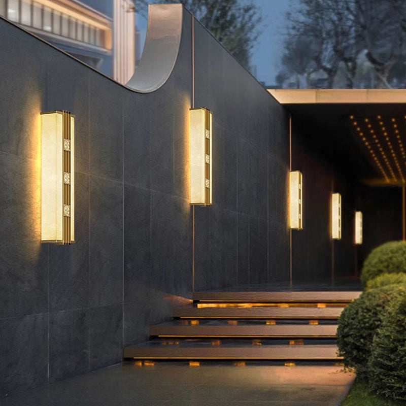 Zeitgenössische Luxus Messing Imitation Marmor Schatten Cuboid LED Solar Outdoor Wand Leuchte Lampe Für Garten 