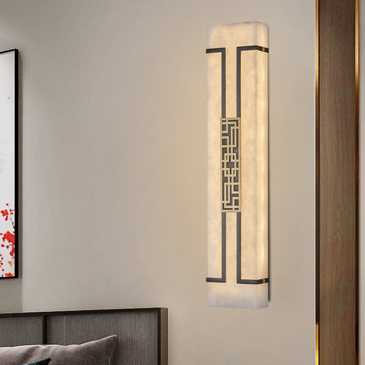Traditionelle chinesische Kupferrahmen Marmorschirm Rechteck LED Wandleuchte Lampe für Wohnzimmer 
