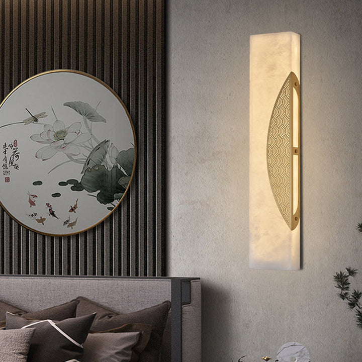Traditionelle chinesische Kupferrahmen Marmorschirm Rechteck LED Wandleuchte Lampe für Wohnzimmer 