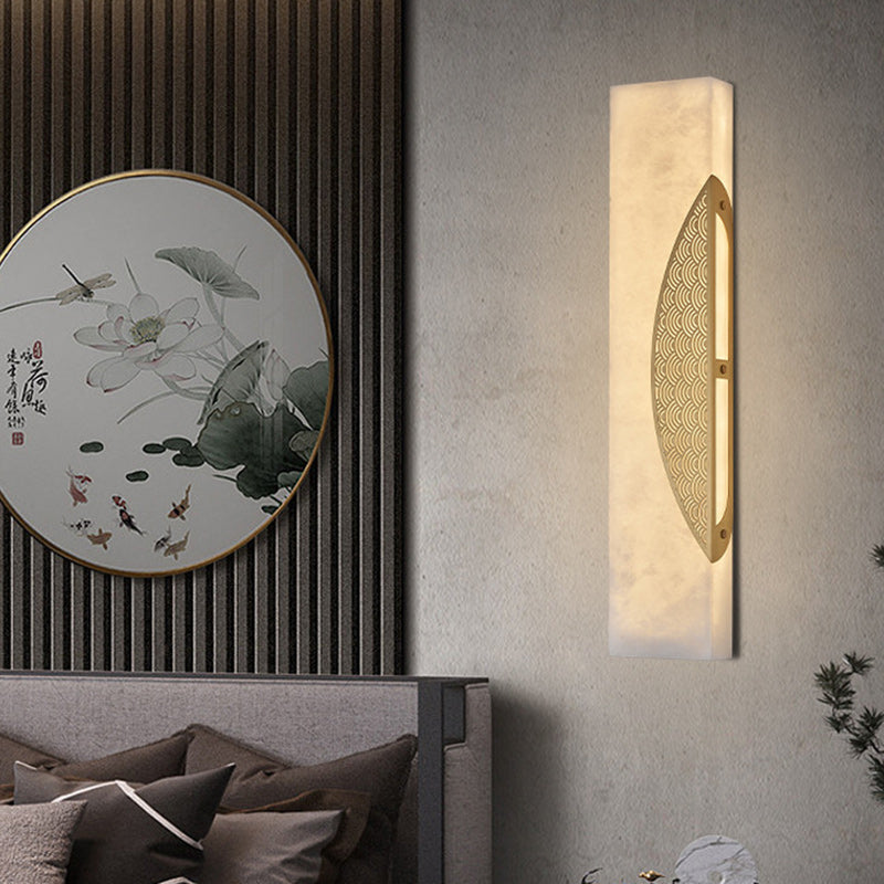Applique murale LED rectangulaire avec cadre en cuivre chinois traditionnel et abat-jour en marbre pour salon 