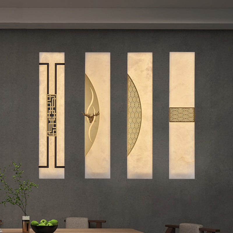 Applique murale LED rectangulaire avec cadre en cuivre chinois traditionnel et abat-jour en marbre pour salon 