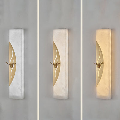 Applique murale LED rectangulaire avec cadre en cuivre chinois traditionnel et abat-jour en marbre pour salon 