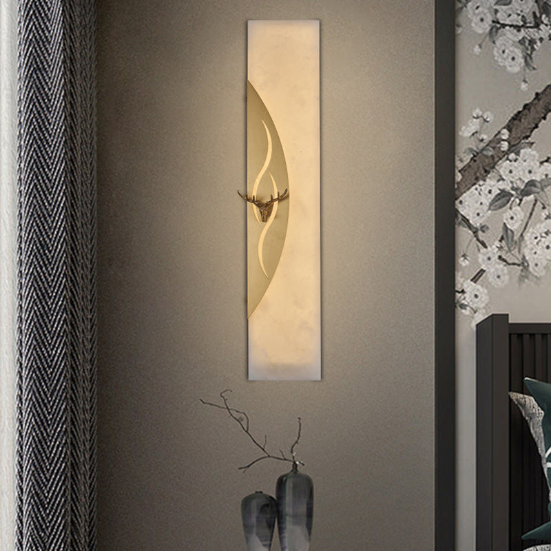 Applique murale LED rectangulaire avec cadre en cuivre chinois traditionnel et abat-jour en marbre pour salon 