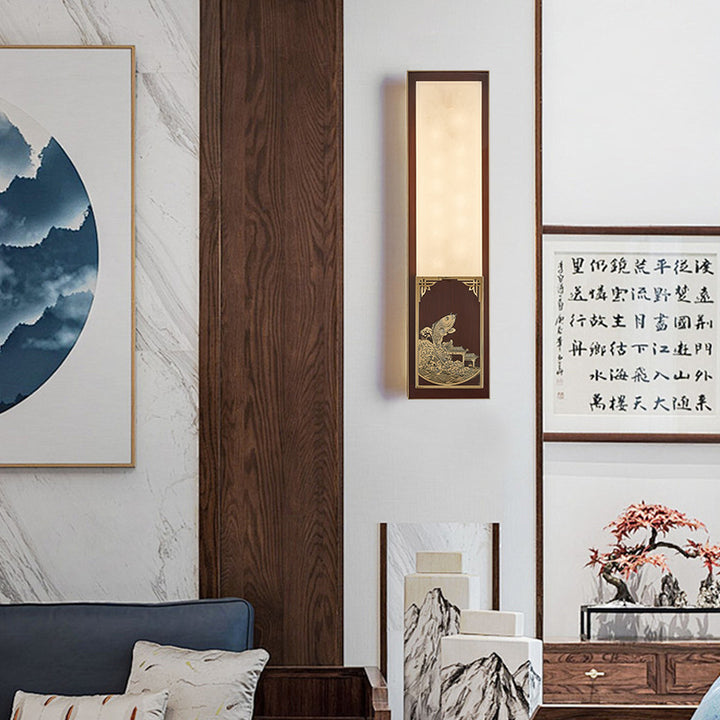 Lámpara de pared impermeable LED de latón con pantalla de mármol y patrón de urraca de bambú chino tradicional para pasillo 