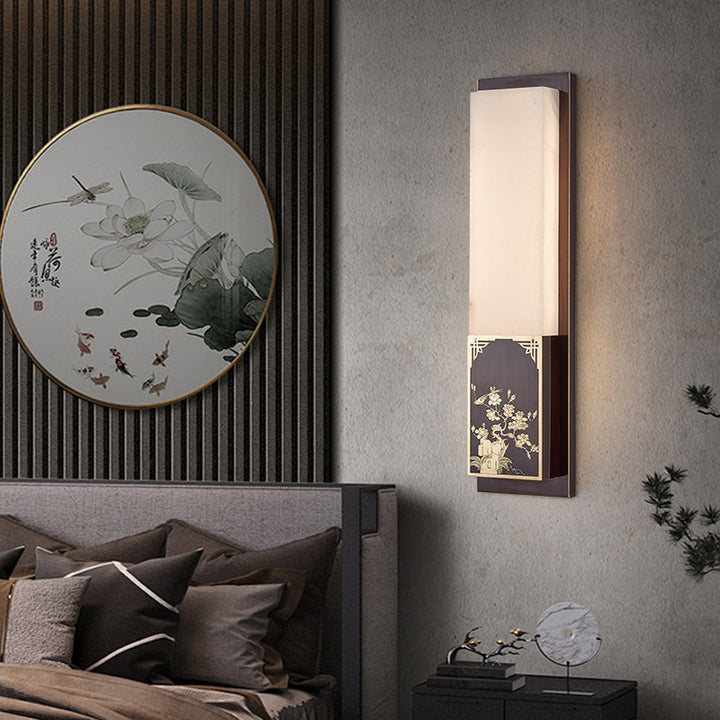 Lámpara de pared impermeable LED de latón con pantalla de mármol y patrón de urraca de bambú chino tradicional para pasillo 