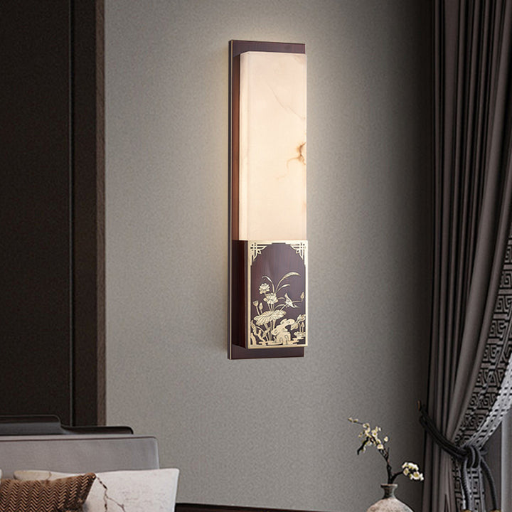 Lámpara de pared impermeable LED de latón con pantalla de mármol y patrón de urraca de bambú chino tradicional para pasillo 