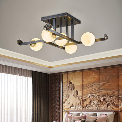 Lustre de plafond semi-encastré moderne en cuivre avec abat-jour en marbre de luxe 5/9 lumières pour salon 