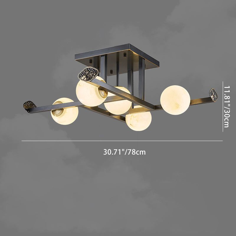 Lustre de plafond semi-encastré moderne en cuivre avec abat-jour en marbre de luxe 5/9 lumières pour salon 