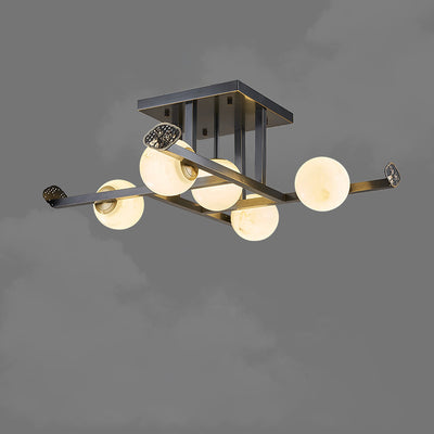 Lustre de plafond semi-encastré moderne en cuivre avec abat-jour en marbre de luxe 5/9 lumières pour salon 