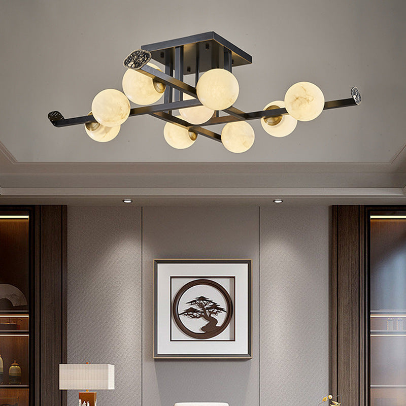Lustre de plafond semi-encastré moderne en cuivre avec abat-jour en marbre de luxe 5/9 lumières pour salon 