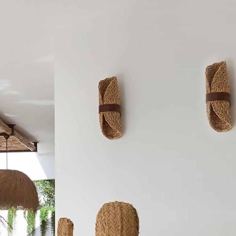 Traditionelle rustikale Stroh Rohrkolben Hut Schatten Massivholz 1-Licht Wandleuchte Lampe für Esszimmer 