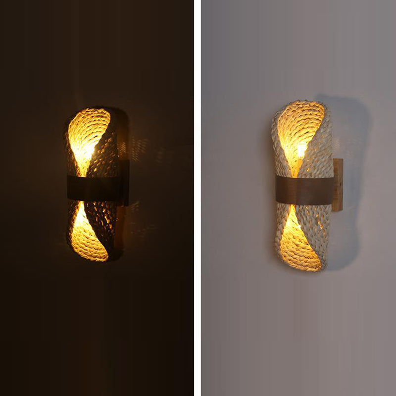Traditionelle rustikale Stroh Rohrkolben Hut Schatten Massivholz 1-Licht Wandleuchte Lampe für Esszimmer 