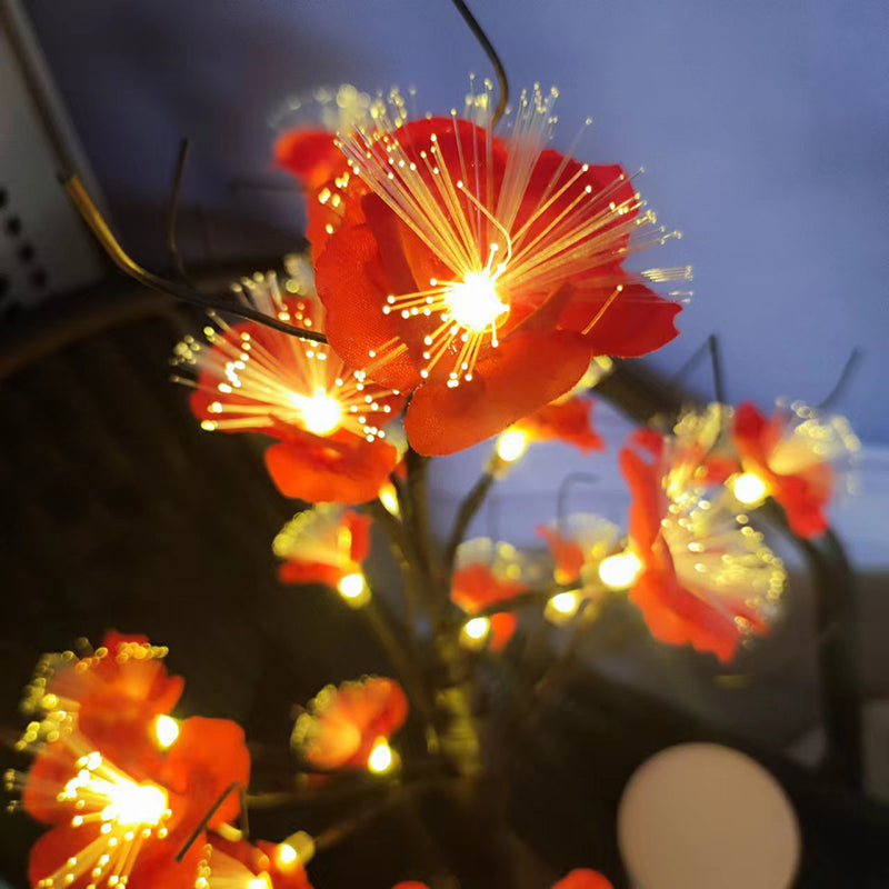 Lampe de table LED avec arbre à fleurs de rose artificielle en tissu plastique créatif contemporain pour chambre 