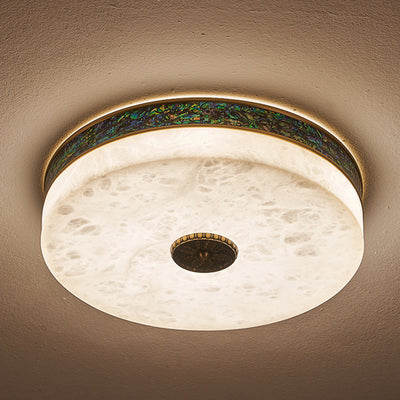 Plafonnier LED à montage encastré avec abat-jour rond en marbre décoré de coquille d'ormeau chinois traditionnel pour chambre 