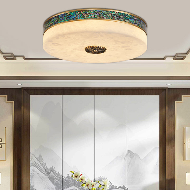 Traditionelle chinesische Abalone Shell Dekor Marmor Runde Schatten LED Unterputz Deckenleuchte für Schlafzimmer 