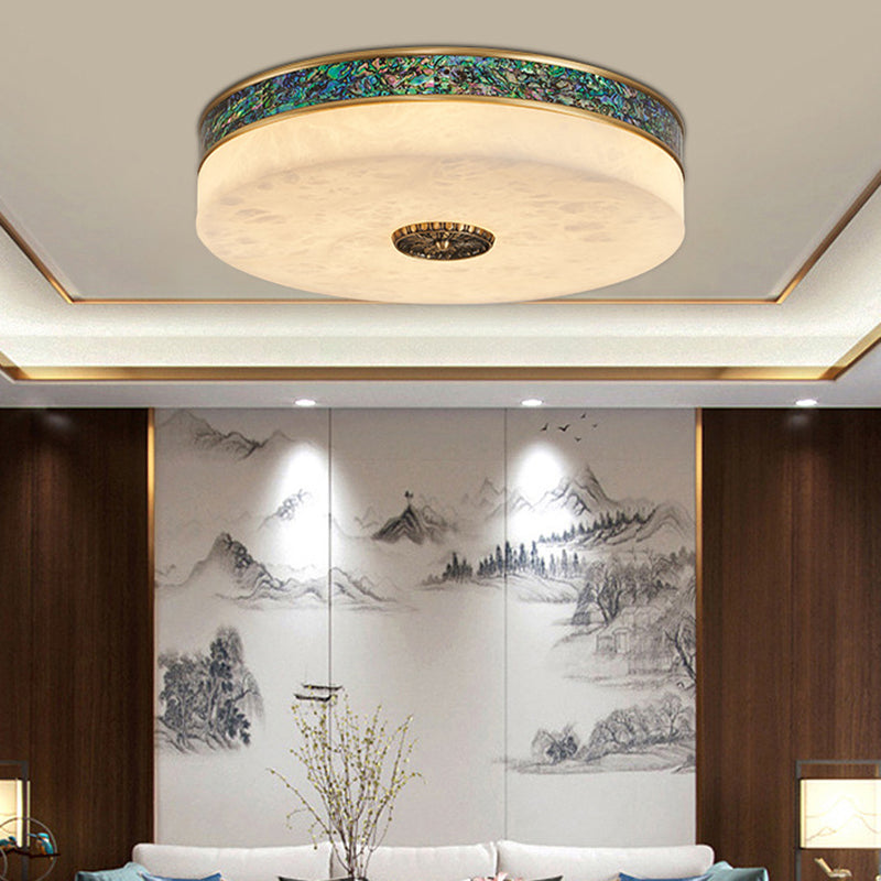 Traditionelle chinesische Abalone Shell Dekor Marmor Runde Schatten LED Unterputz Deckenleuchte für Schlafzimmer 
