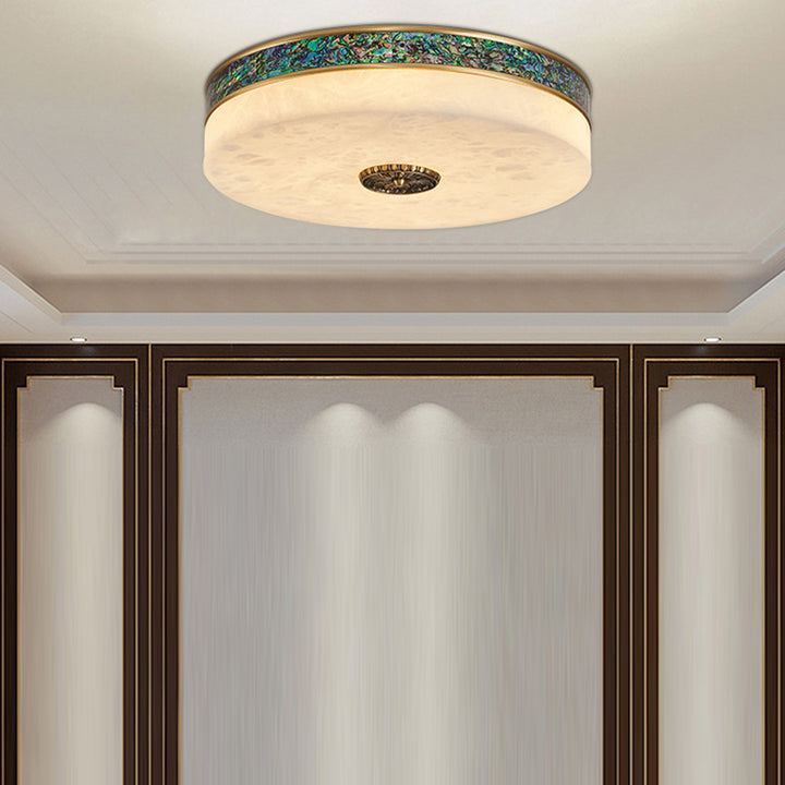Traditionelle chinesische Abalone Shell Dekor Marmor Runde Schatten LED Unterputz Deckenleuchte für Schlafzimmer 
