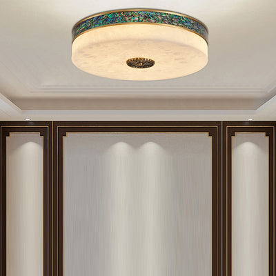 Plafonnier LED à montage encastré avec abat-jour rond en marbre décoré de coquille d'ormeau chinois traditionnel pour chambre 