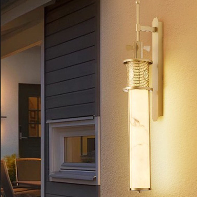 Contemporary Luxury Iron Long Pole Marble Cylinder Shade LED Wall Sconce Lamp For Living Room