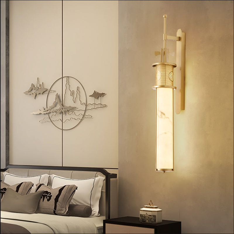 Contemporary Luxury Iron Long Pole Marble Cylinder Shade LED Wall Sconce Lamp For Living Room
