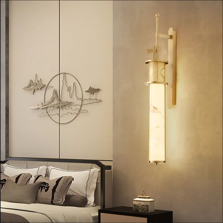 Contemporary Luxury Iron Long Pole Marble Cylinder Shade LED Wall Sconce Lamp For Living Room