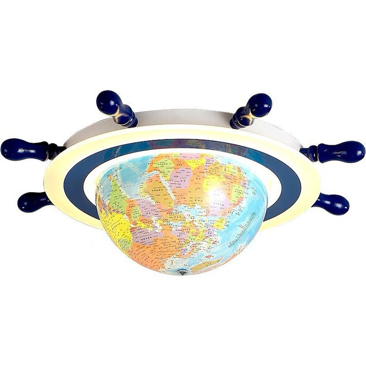 Plafonnier LED pour enfants en résine de fer créatif contemporain avec globe tournant en dessin animé et gouvernail de navire pour chambre à coucher 