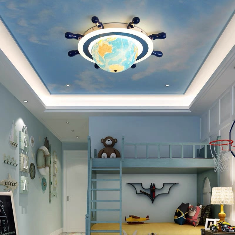 Plafonnier LED pour enfants en résine de fer créatif contemporain avec globe tournant en dessin animé et gouvernail de navire pour chambre à coucher 
