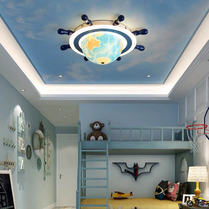 Contemporary Creative Iron Resin Cartoon Spinning Globe Ship Rudder LED Kids Flush Mount Ceiling Light For Bedroom