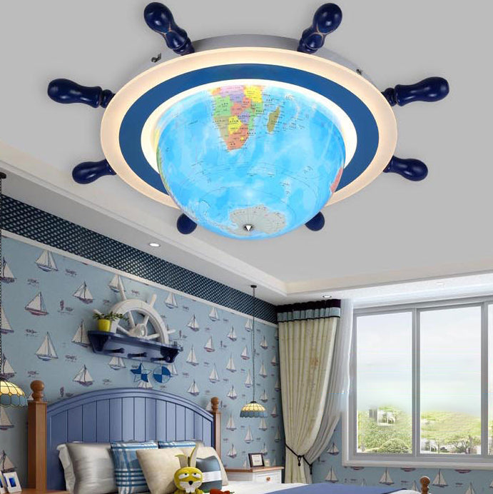 Plafonnier LED pour enfants en résine de fer créatif contemporain avec globe tournant en dessin animé et gouvernail de navire pour chambre à coucher 