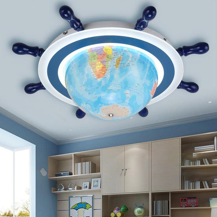 Plafonnier LED pour enfants en résine de fer créatif contemporain avec globe tournant en dessin animé et gouvernail de navire pour chambre à coucher 