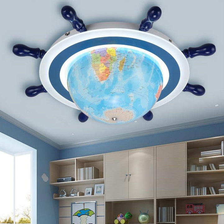 Plafonnier LED pour enfants en résine de fer créatif contemporain avec globe tournant en dessin animé et gouvernail de navire pour chambre à coucher 