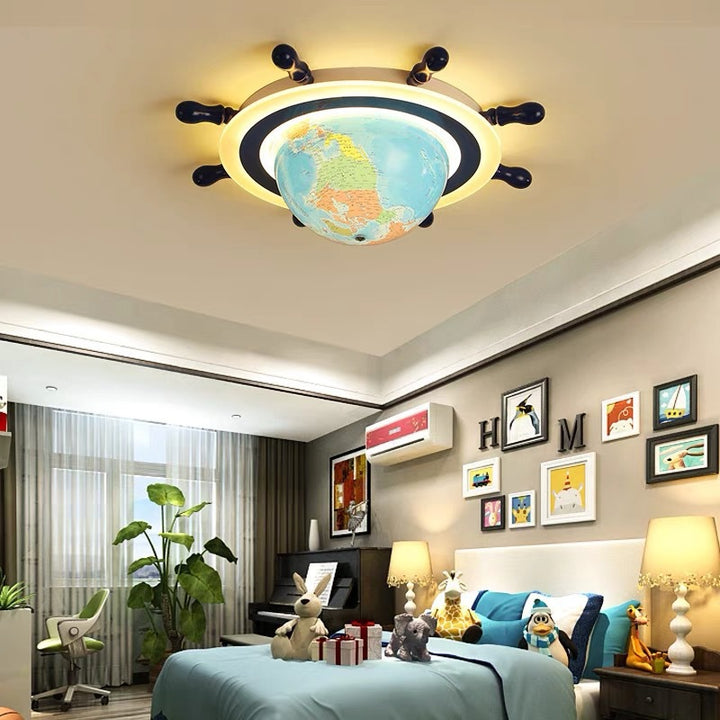 Contemporary Creative Iron Resin Cartoon Spinning Globe Ship Rudder LED Kids Flush Mount Ceiling Light For Bedroom