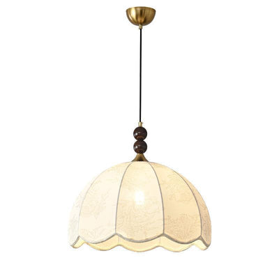 Traditional Vintage Solid Wood Flower Fabric Shade 1-Light Pendant Light For Living Room