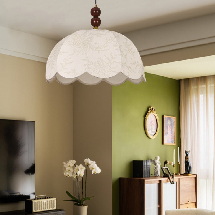 Traditional Vintage Solid Wood Flower Fabric Shade 1-Light Pendant Light For Living Room