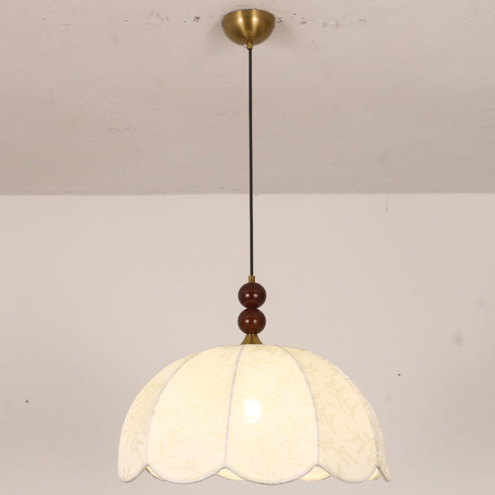 Traditional Vintage Solid Wood Flower Fabric Shade 1-Light Pendant Light For Living Room